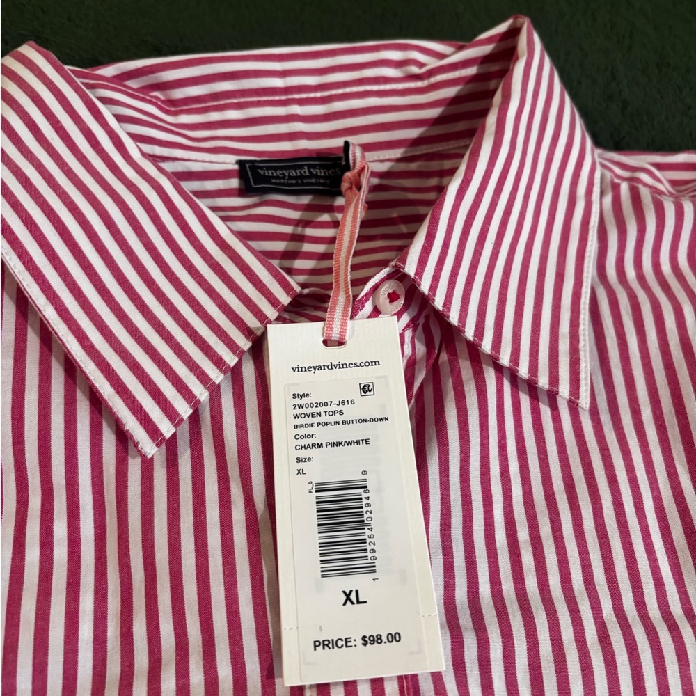 Vineyard Vines XL NWT Shirt Birdie Poplin Button Down Charm Pink White Stripe - Picture 3 of 3